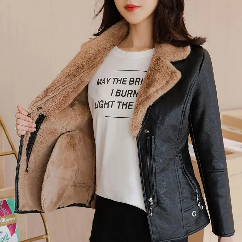 New Winter PU Leather Jacket Women Short Blazers Coat Fleece Double-faced Fur Leather Outerwear Lady Slim Suit Tops Jackets