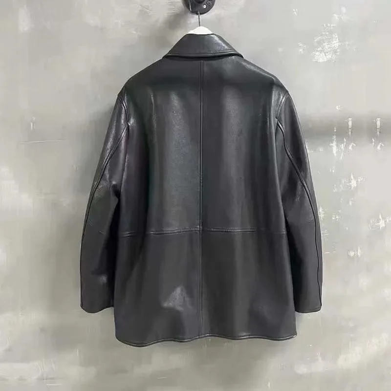 Genuine Leather Jacket Women Oversized Black Real Leather Coat Casual Streetwear Vintage Lapel Button Down Long Sleeve Outwear