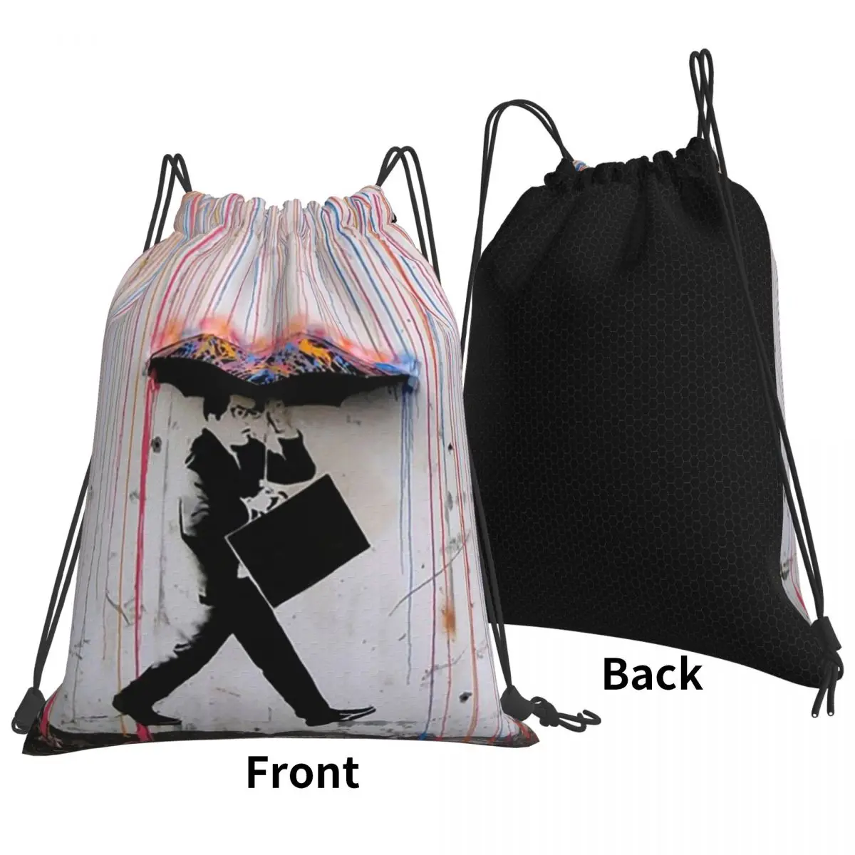 バンクシー傘レインボーハッピーガールバックパック多機能ポータブル巾着バッグスポーツバッグブックバッグ男性女性学生