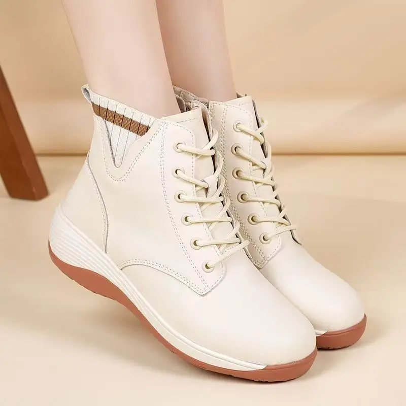 

Женские весенне-осенние новые кожаные ботильоны на танкетке, нескользящая водонепроницаемая обувь на толстой подошве с высоким берцем и молнией с круглым носком, повседневная обувь