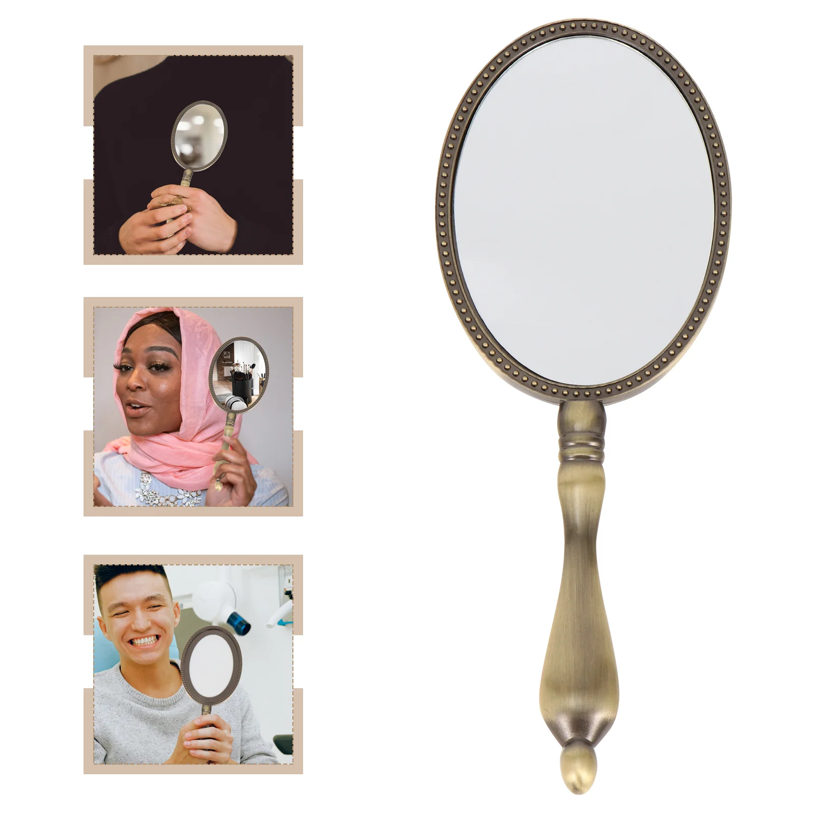 Zinc Alloy Handheld Makeup Mirror com alça, espelho retro, vaidade do metal, beleza vintage, espelho de viagem