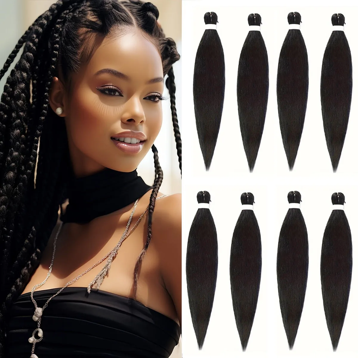 8 Packs Bundles EZ Braiding Hair Pre Stretched 20INCH Mlong Black Braiding Hair Deal Synthetic Fiber Crochet Twist Braids Soft Yaki Straight Texture Hair for Braiding