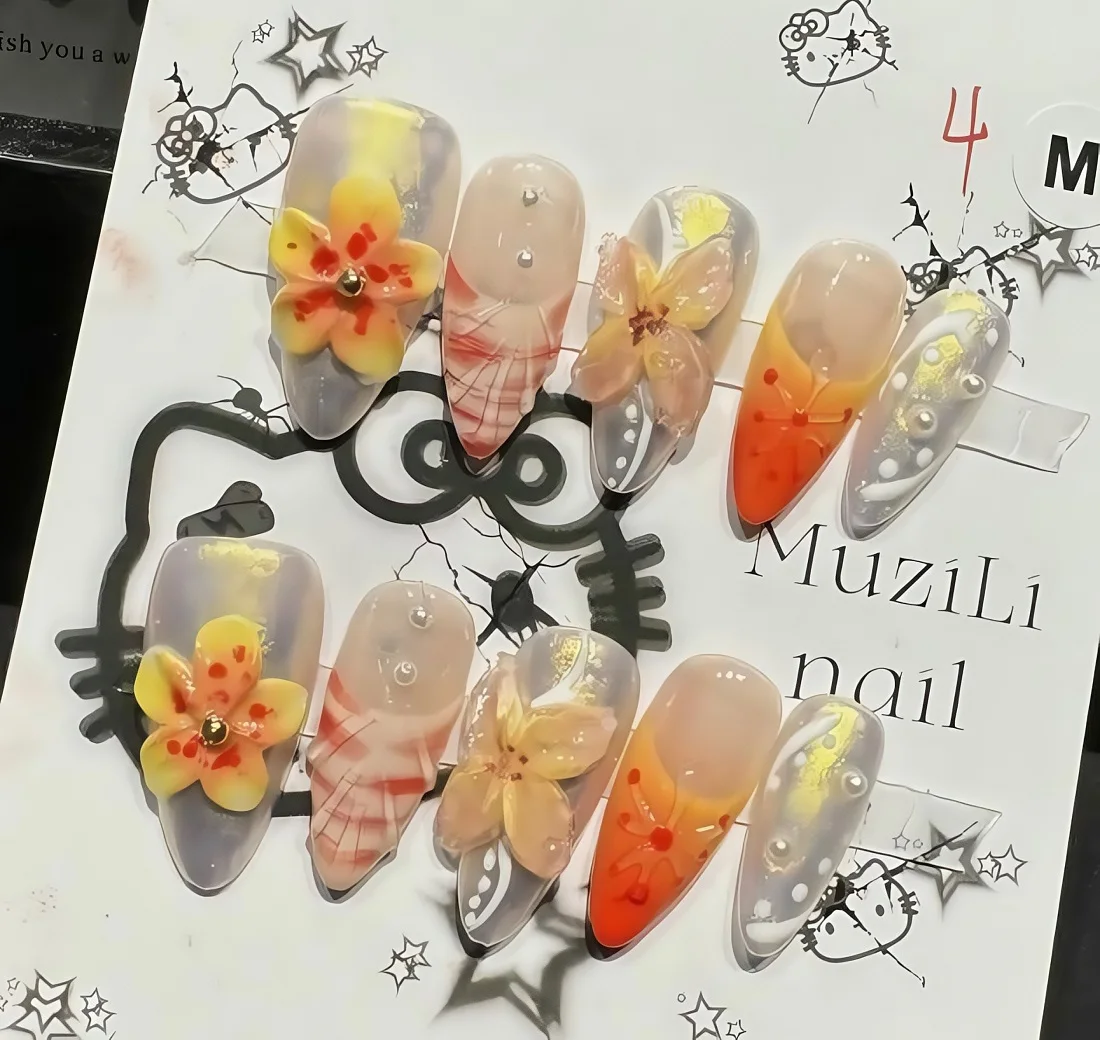 10Pcs Handmade Manicure Medium Trapezoid Fake Nails New Cute 3D Limited Nails Press On Nails Design with Adhesive Nails File Set