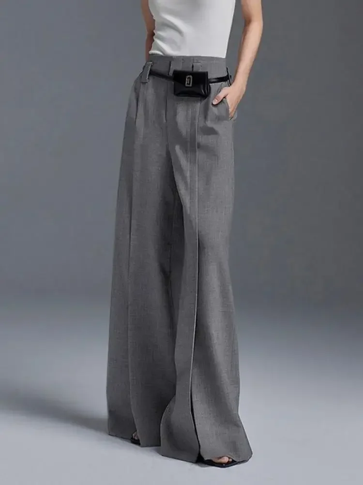 Autumn Suit Pants Grey Trousers Loose High Waisted Korean Fashion Split-Front Pleated Wide Leg Classics Pants For Office Lady