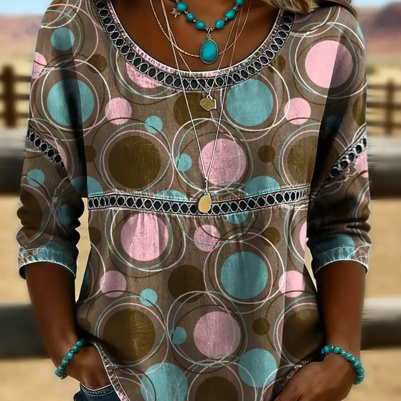 Retro Circle Print Blouse Women's Casual Boho Loose Top with Pink Turquoise Dots Round Neck Hollow Trim
