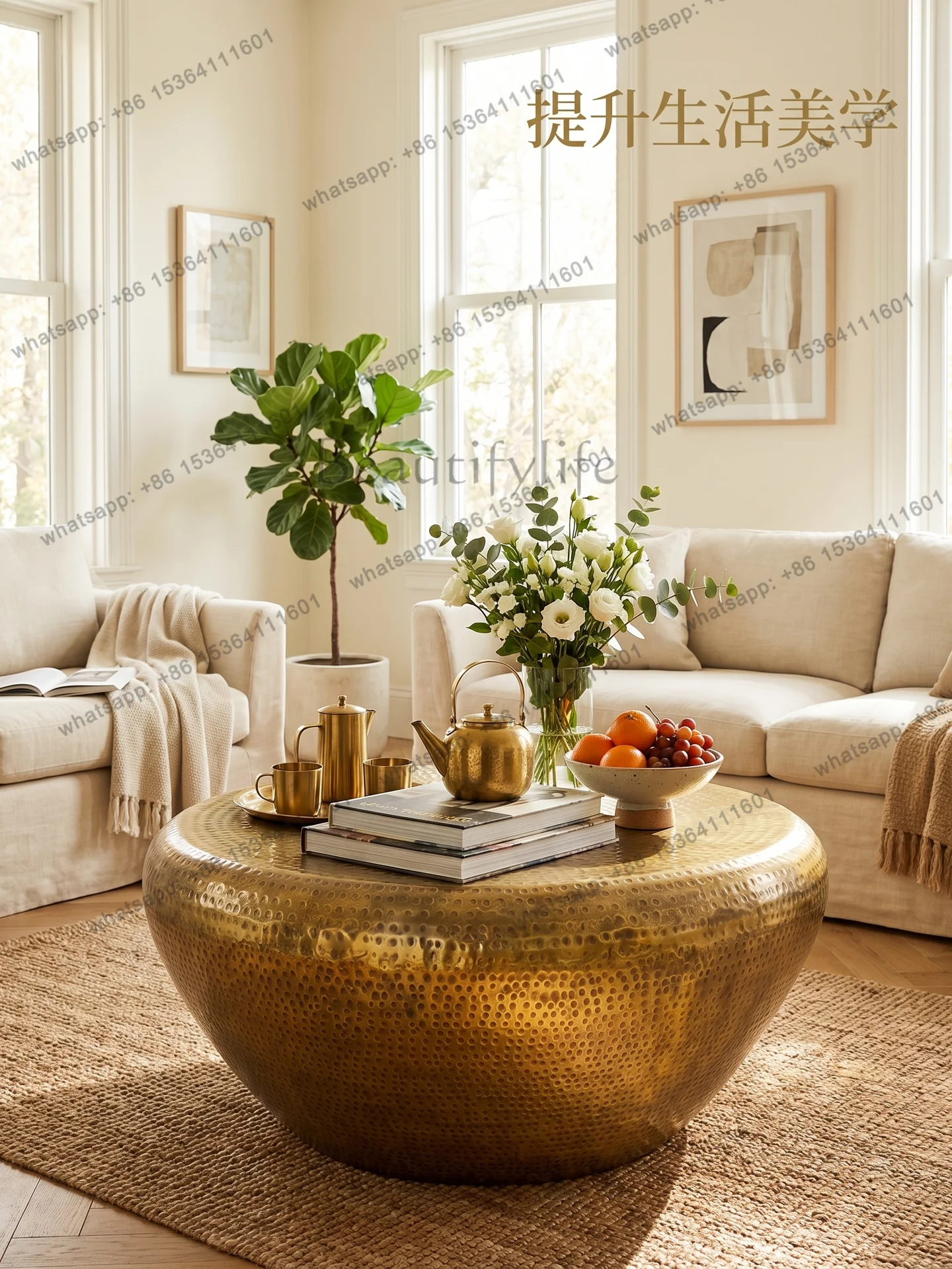 PG Imported Handmade Brass Coffee Table Round Drum-shaped Hammer Pattern Light Luxury Vintage Vintage Sofa Corner Table
