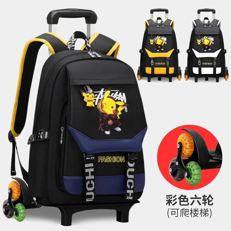 MINISO Pokemon Boys Six-Wheel Trolley School Bag Student Large-capacity Two-wheeled/Tall Stairs Climbing Tractor Cart Backpack