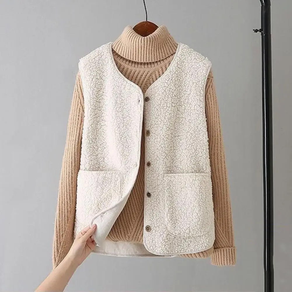 Cozy Winter Coat Stylish V Neck Sleeveless Women's Winter Vest Coat with Button Closure Soft Warm Pockets Cardigan A for Fall