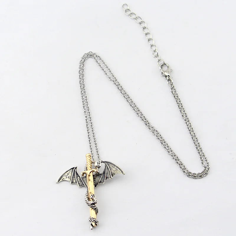 Classic Vintage Charm Pterosaurs Sword Necklace Flying Dragon With Wings Rolled Pendant Cross Punk Jewelry Men Women