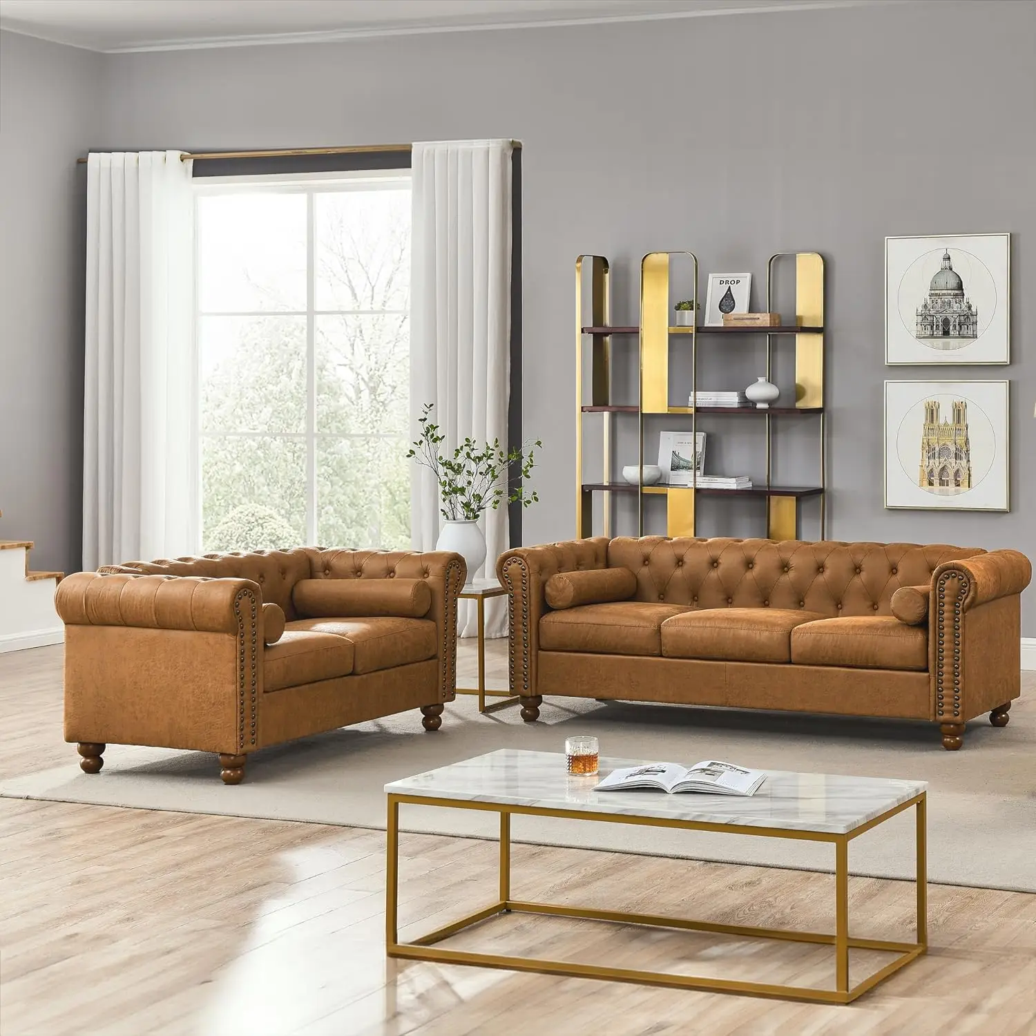 

Air Leather Upholstered Sofa Couch Set, Piece Living Room Set, Including Rolled Arm 3-Seater Sofa and Loveseat