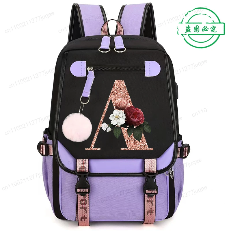 

Rose Gold Letter A~Z Cartoon School Bag New Fashion Backpack Back To School Backpack School Bags for College Student Mochila