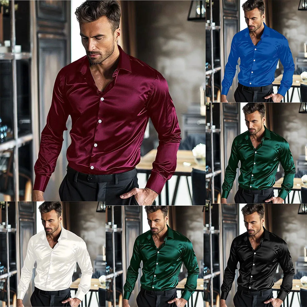 Mens Solid Silk Casual Shirts Long Sleeve Rayon Wedding Dress Shirts Men Soft Comfortable Fashion Shine Silk Shirt