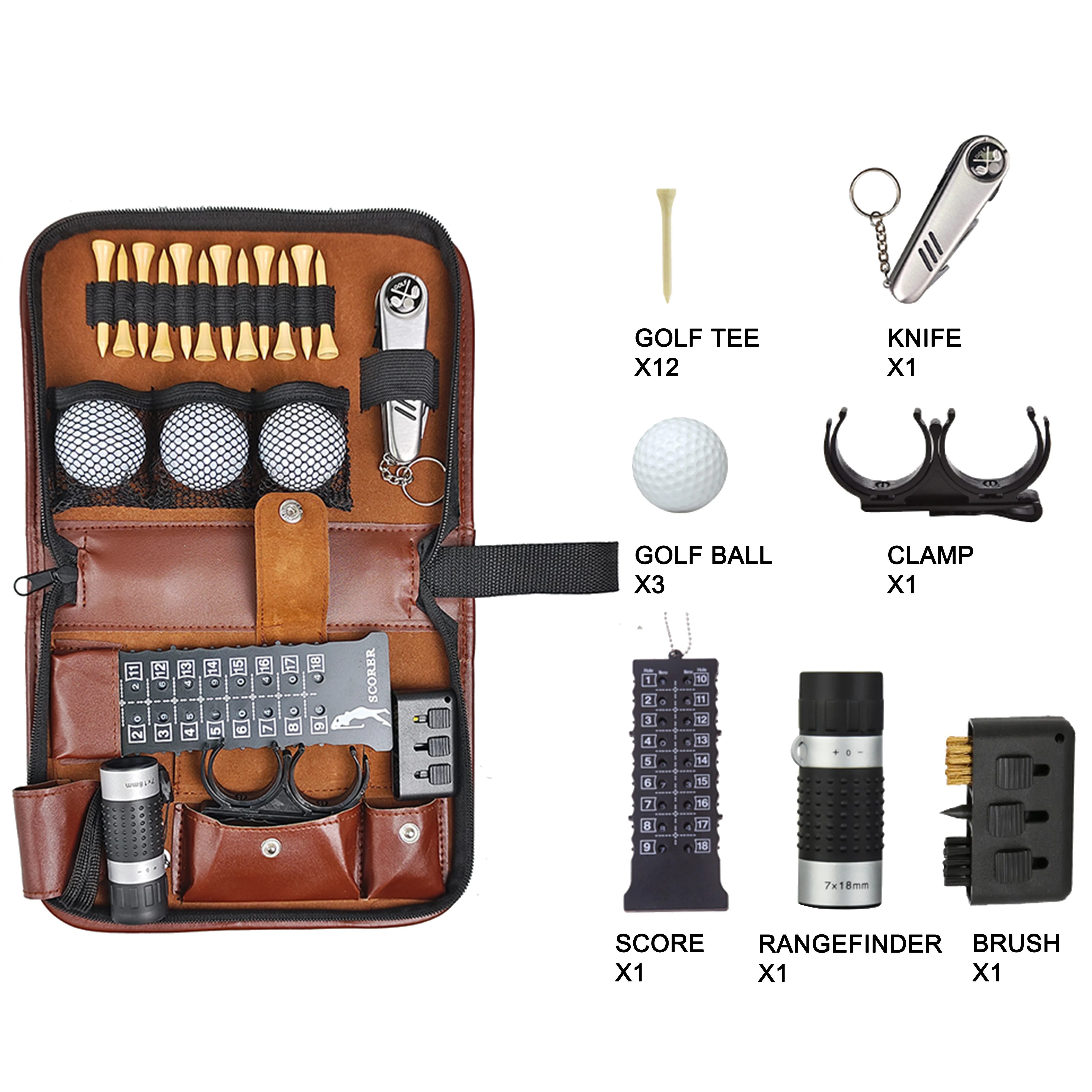 9-in-1 Golf Tool Kit Bag | Waterproof PU Leather Pouch with Range Finder, Divot Repair Tool | Golf Club Cleaning Accessories Set
