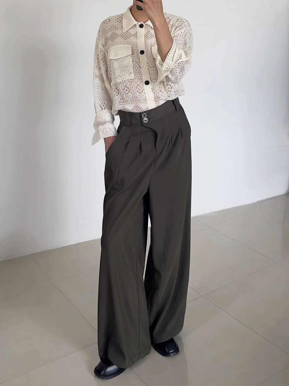 Elastic high Waist Semi-Wide Loose Slacks Drape Suit Pants Male Casual Trousers Light mature style men's wide cut drape straight