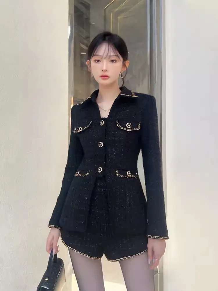 New Spring Office Ladies Slim Fit Elegant Design Fashion Black Long Sleeve Tweed Jacket High Waist Shorts Women Two Piece Set