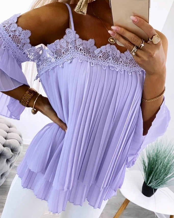 

2024 summer casual women's long sleeved contrasting lace pleated cold shoulder chiffon shirt top