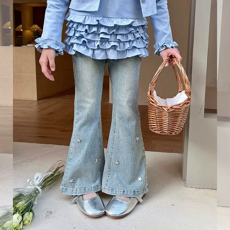 

【Новинка 2025 года】весенне-осенние стильные джинсовые брюки для девочек, повседневные длинные джинсы в корейском стиле для детей, горячая распродажа, качество премиум-класса