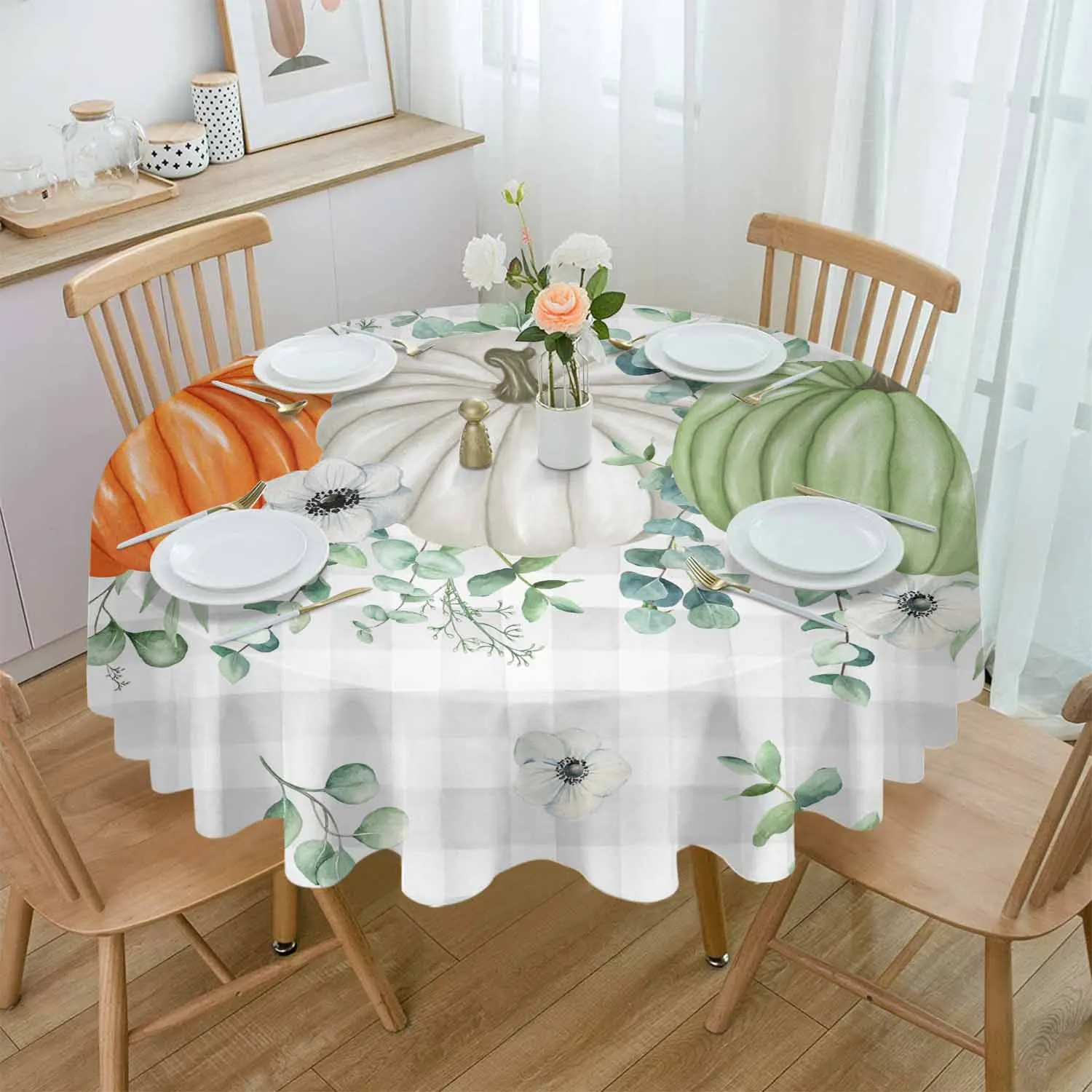 Pumpkin Eucalyptus Leaves Gray Grid Waterproof Tablecloth Tea Table Decoration Round Table Cover For Kitchen Wedding Home