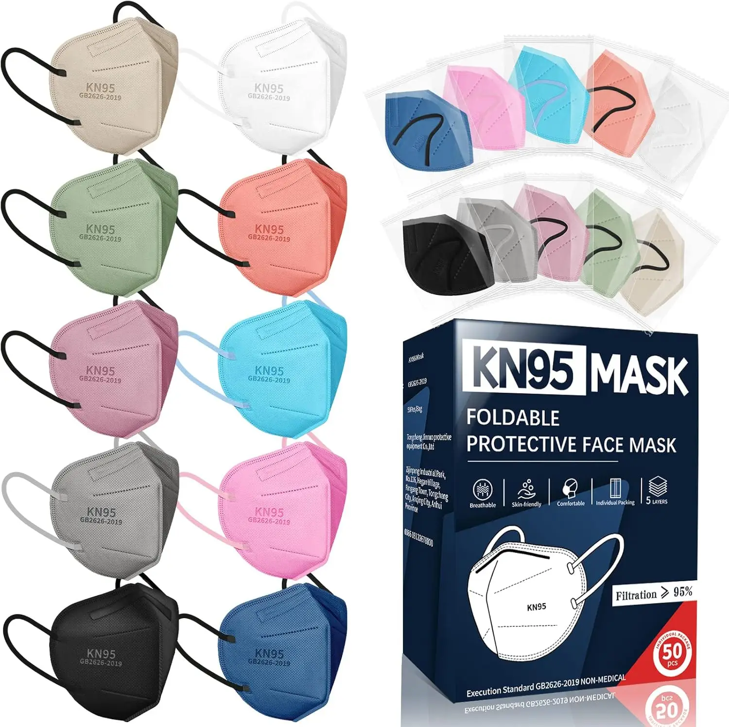 

50-Pack Disposable KN95 Masks, 10 Colors & Designs, 5-Layer Breathable with 95% Filter Efficiency for Adults