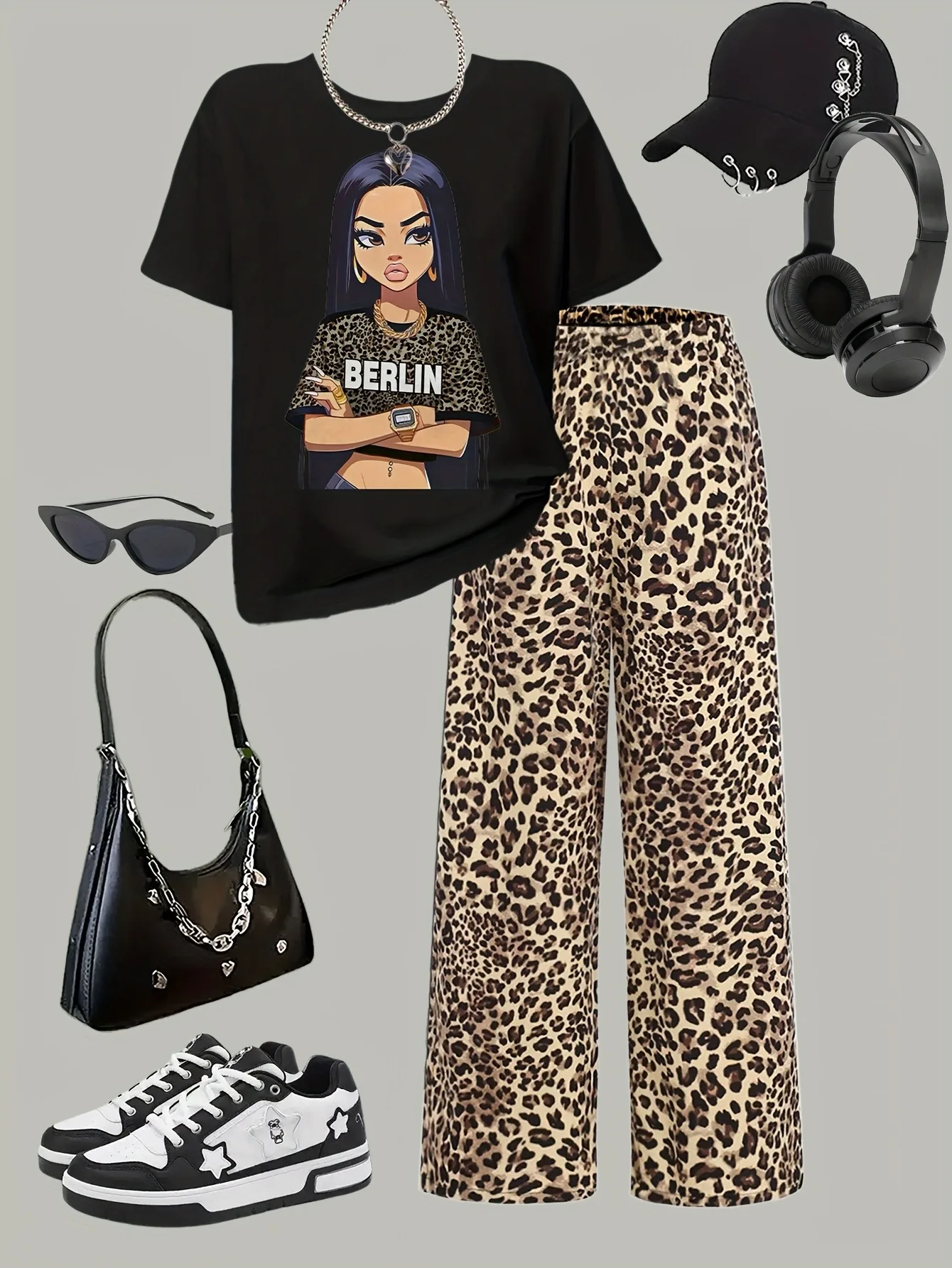 Trendy Kids Girls 2Pcs Leopard Print Outfit, Black 
