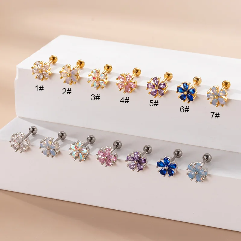 1Piece Stainless Steel Opal Stone Flower Cartilage Earrings Fashion CZ Ear Cuff Double Head Screw Stud Earrings Piercing Jewelry