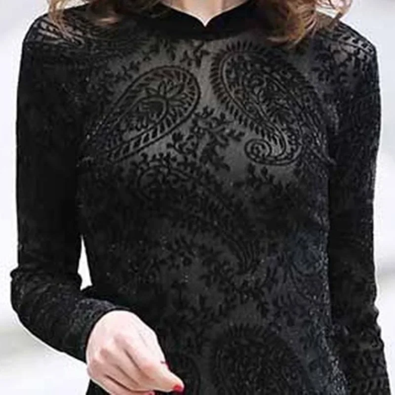 Top Cheongsam Sexy de encaje para primavera y otoño, blusa Qipao de manga larga con cuello mandarín, Tops chinos Vintage negros para mujer 10367 MN1 2024