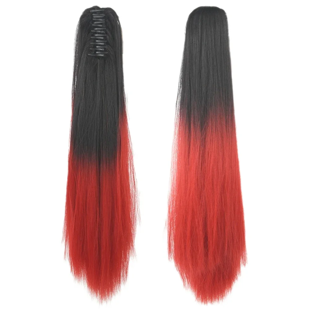 Soowee 24 \'\' Grampo de cabelo sintético reto na extensão do cabelo vermelho rosa garra rabo de cavalo postiços pônei fada cauda rabo de cavalo