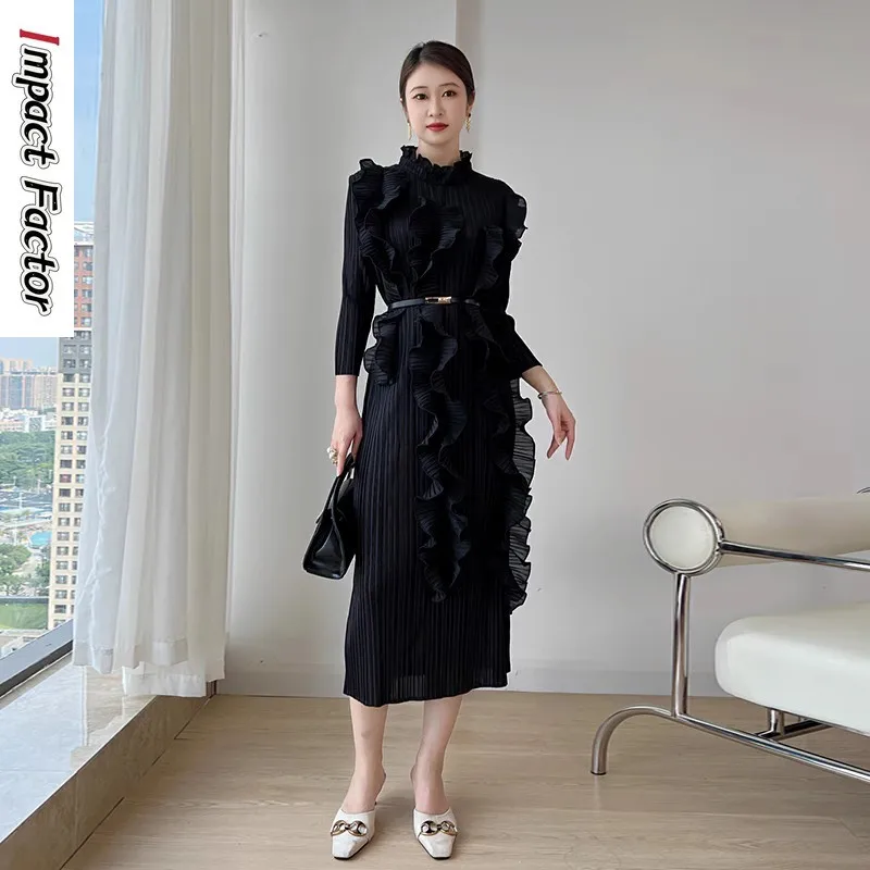 

RUFFLE RUFFLE DRESS Fashionable Standing Neck Long Sleeve Belt Solid Color Slim Fit Dress Elegant 2024 Autumn New
