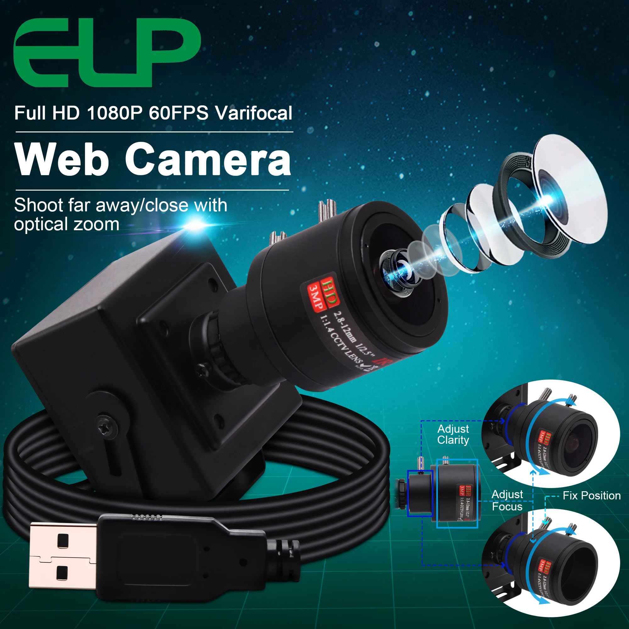 Kamera USB kecepatan tinggi, kamera USB Sensor kecepatan tinggi ELP 2MP 1080P HD OV4689 260FPS dengan lensa fokus Manual 2.8-12mm kamera UVC USB dengan casing logam Mini