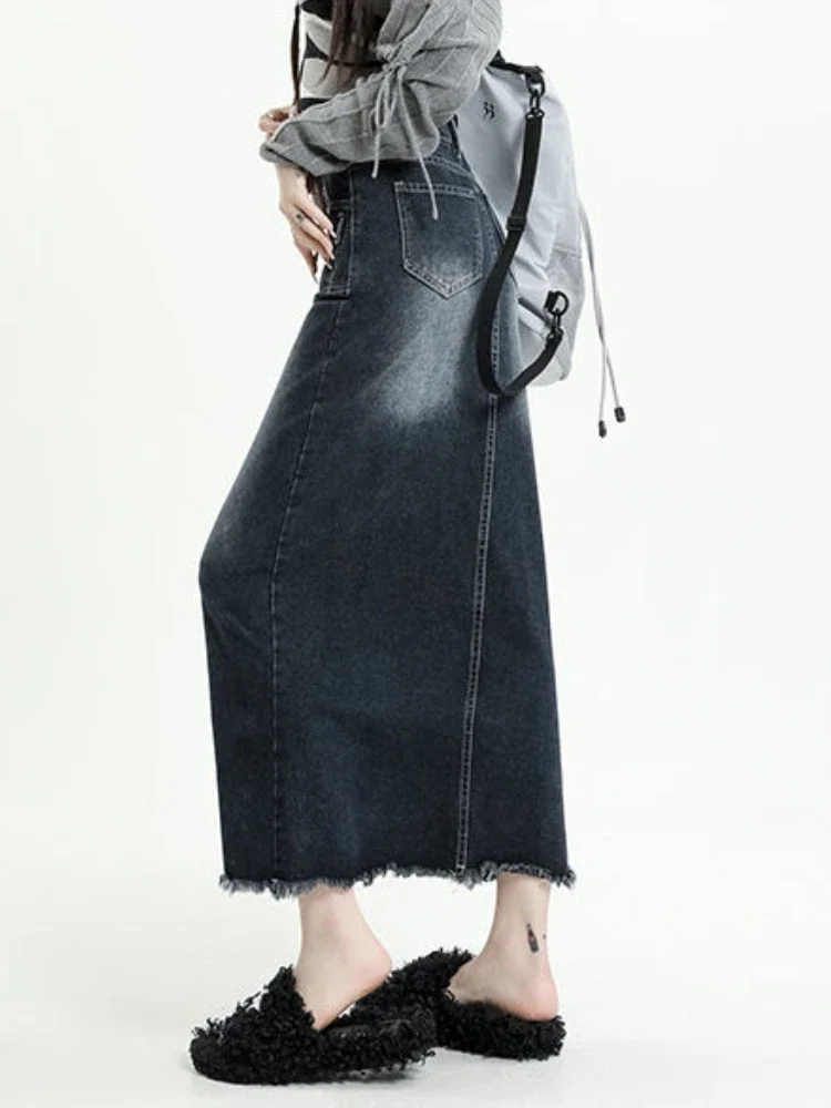 A-line Denim Skirts Women Korean Style Blue Solid Vintage Maxi Casual All-match Elegant Streetwear Design Tassel High Waist Chic