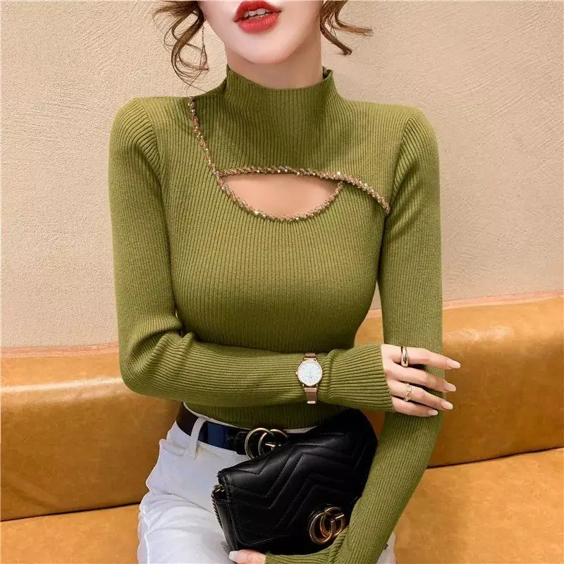 Elegant Chic Sexy Hollow Half High Collar Diamonds Basic Knitwear Fall Winter Fashion Slim Long Sleeve Solid Pullover Top Female