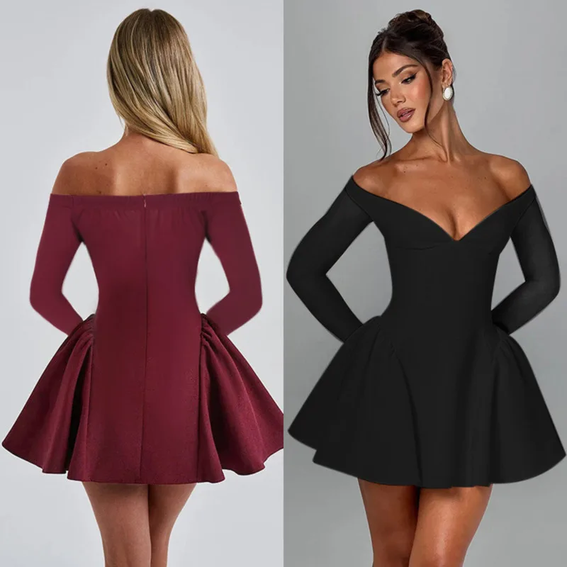 

Chic Elegant Fitted Waist A-line Dress Sexy Off-shoulder Long-sleeve Dress Stylish Autumn/Winter Women's Solid color Party Gown