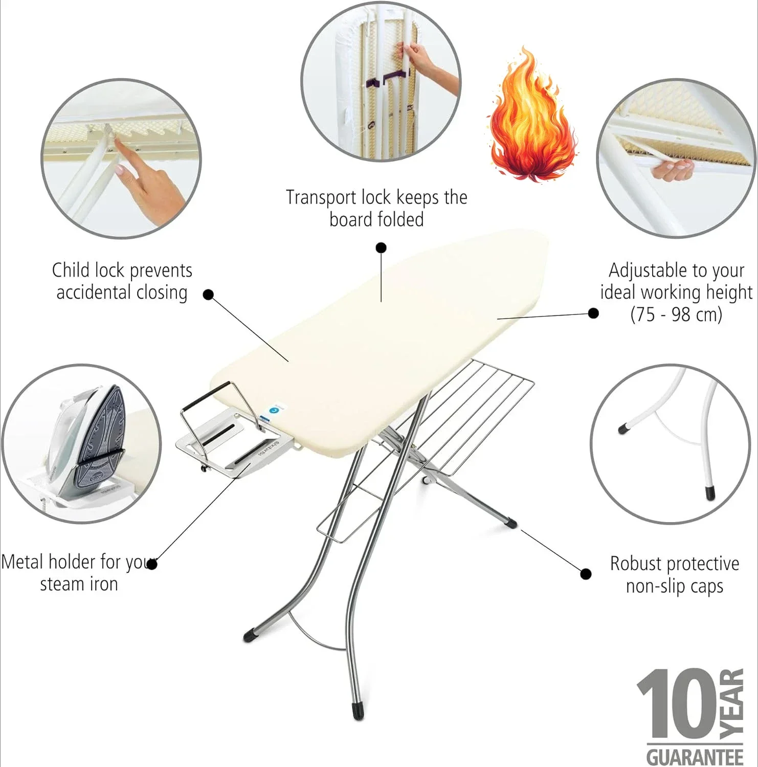 

Size C Ironing Board (49 x 18in) 7 Height Options, Adjustable Steam Iron Rest Holder & Linen Rack (Ecru) Non-Slip Feet, Anti
