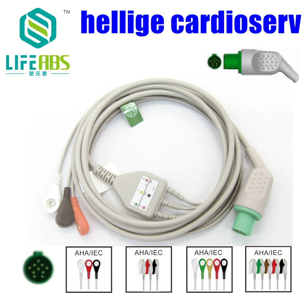 Cable Ecg de una pieza, Cable Ekg Iec, 3 cables, 5 cables, Clip a presión, monitoreo Ekg para máquina helige Cardioserv Mornitor