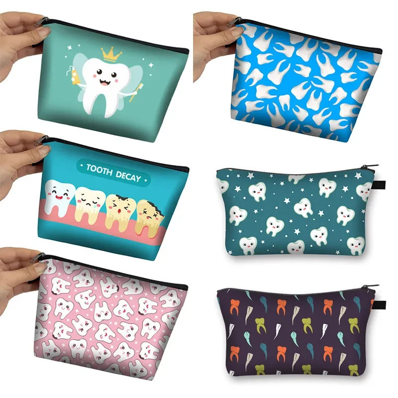 

Cartoon Teeth Print Cosmetic Bags Cute Tooth Floss Dentist Women Makeup Bag Toiletry Case Organizer Lipstick Holder Beauty Bag