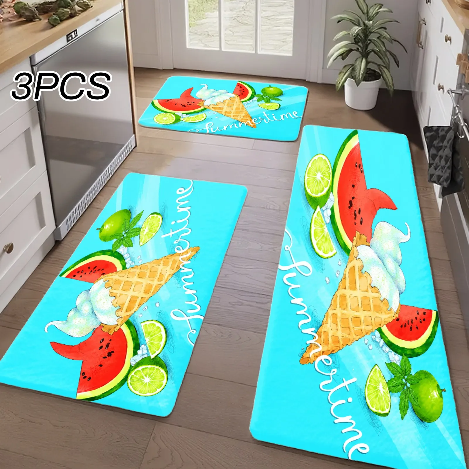 3PCS Kitchen Rugs,Home Decoration for Front Door, Kitchen, Bathroom, Watermelon Ice Cream Lime Mint Summer Time Dining Mat