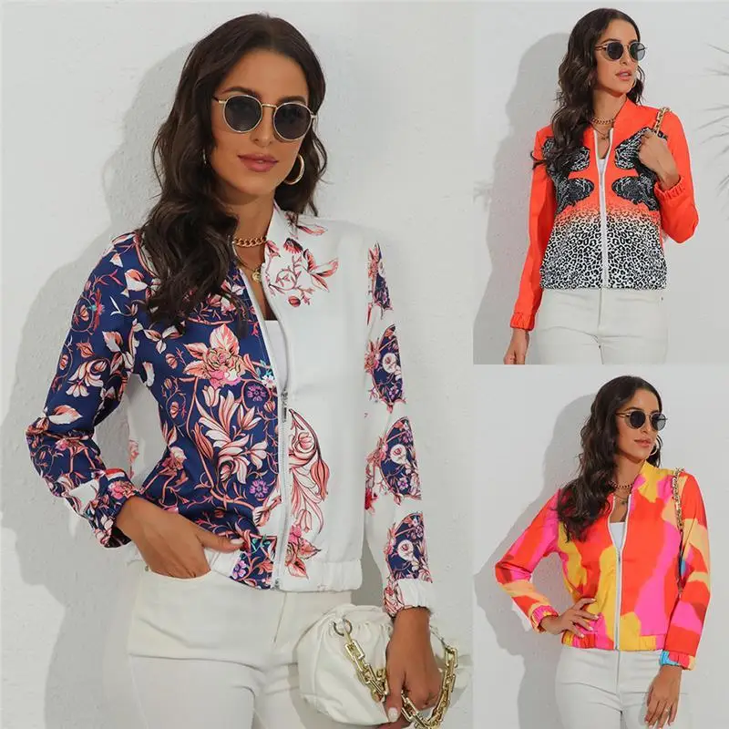 

Women's Autumn Winter Printed Slim Fit Zipper Long Sve Jaet Cotton Outerwear Faionable Ele Sli