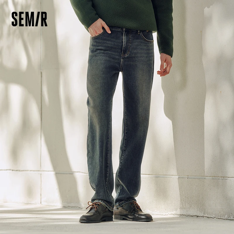 Semir Senrou الدينيم الجينز الرجال ويسكي الرجعية المتعثرة مستقيم الساق 2025 شتاء جديد السراويل الطويلة ملابس رجالية مرنة