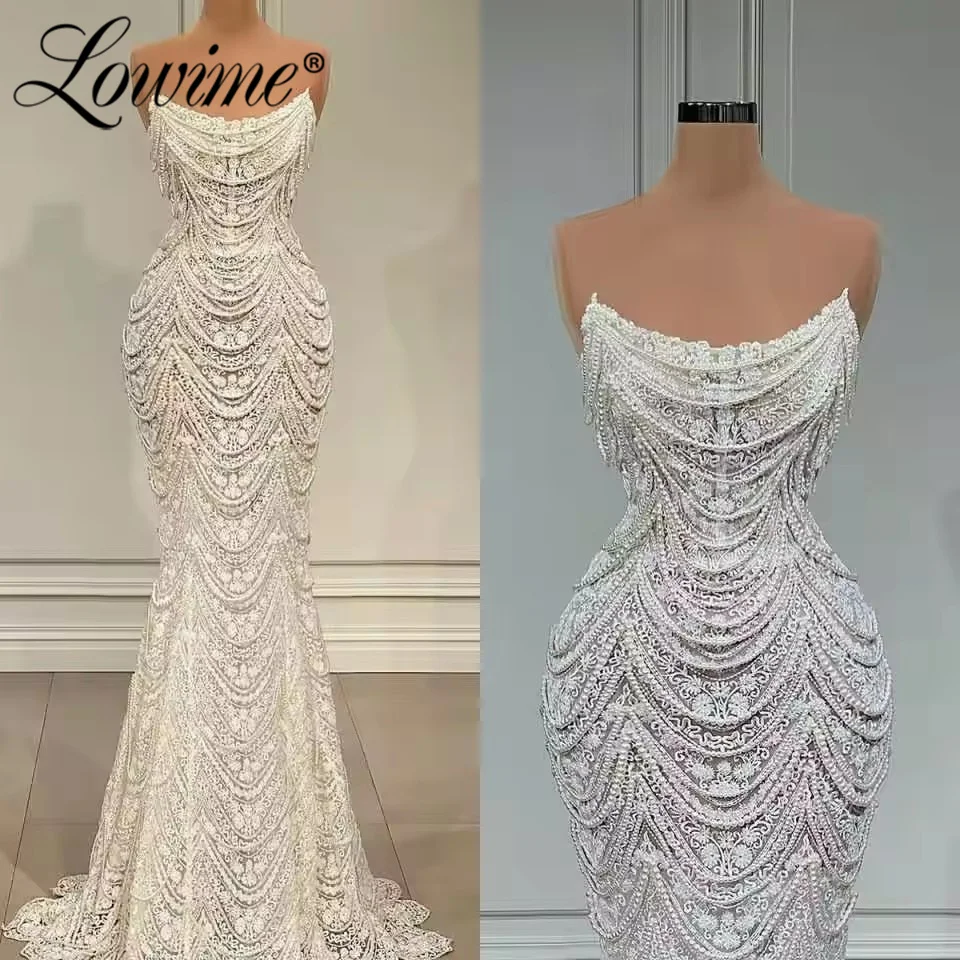 

﻿ Simple Beading Party Dress Strapless Lace Sequined Evening Gown Formal Customized Tassels Pearls Women Prom Dresses Vestidos