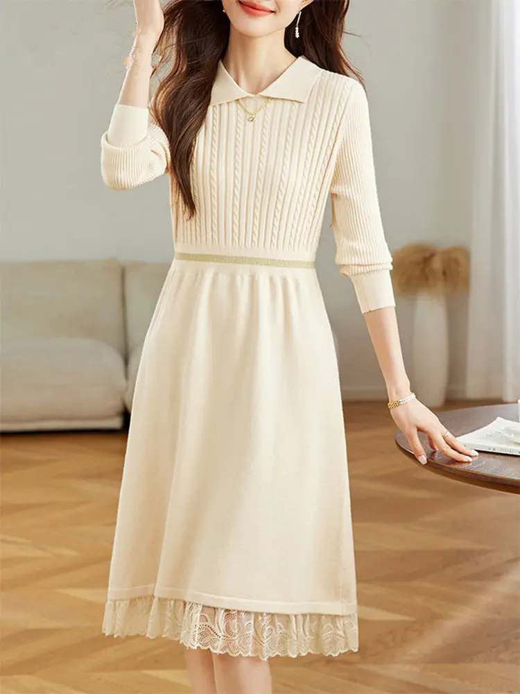 

2025 New Knitted Base Layer Dr Women's Autumn Winter Coat Inner Match Medium Length Lace Sweater Skirt Trendy Commute Sle