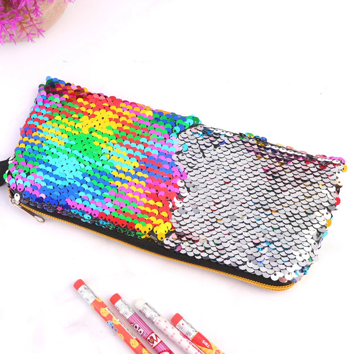 Saco de lápis de lantejoulas brilhantes multicolorido lavável durável bolsa de papelaria para crianças presente telefone moeda titular lantejoulas lápis