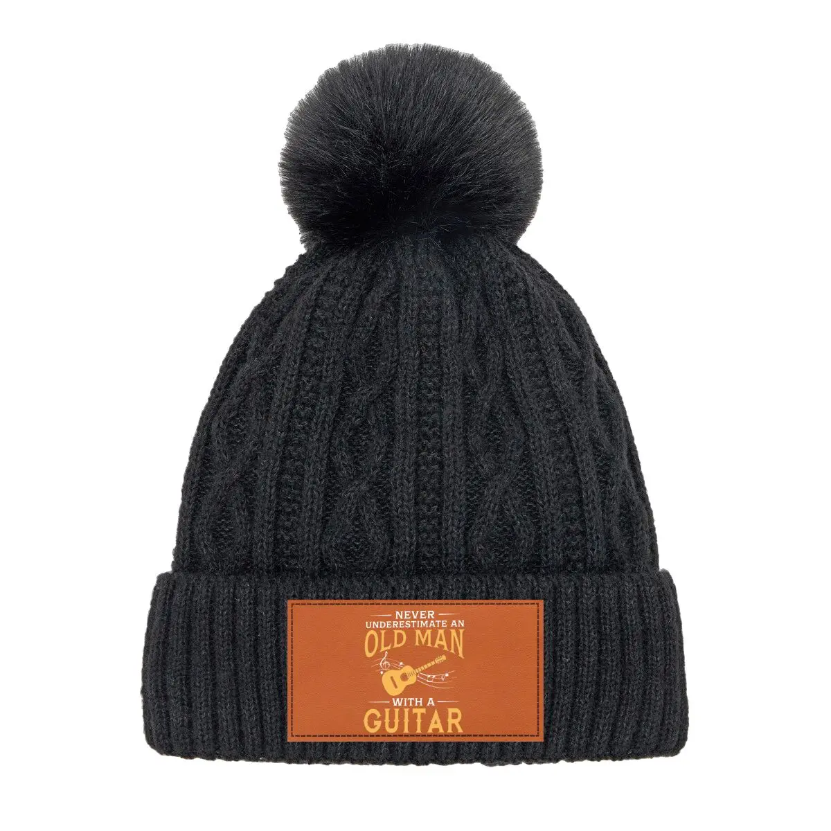 Gorros tejidos con pompón de piel gruesa con texto artístico de guitarra para hombre mayor, gorro de felpa para mujer para invierno