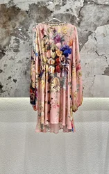 Women Pink Silk Dress Flower Print Lace-up V-Neck Long Sleeve Holiday Mini Robe