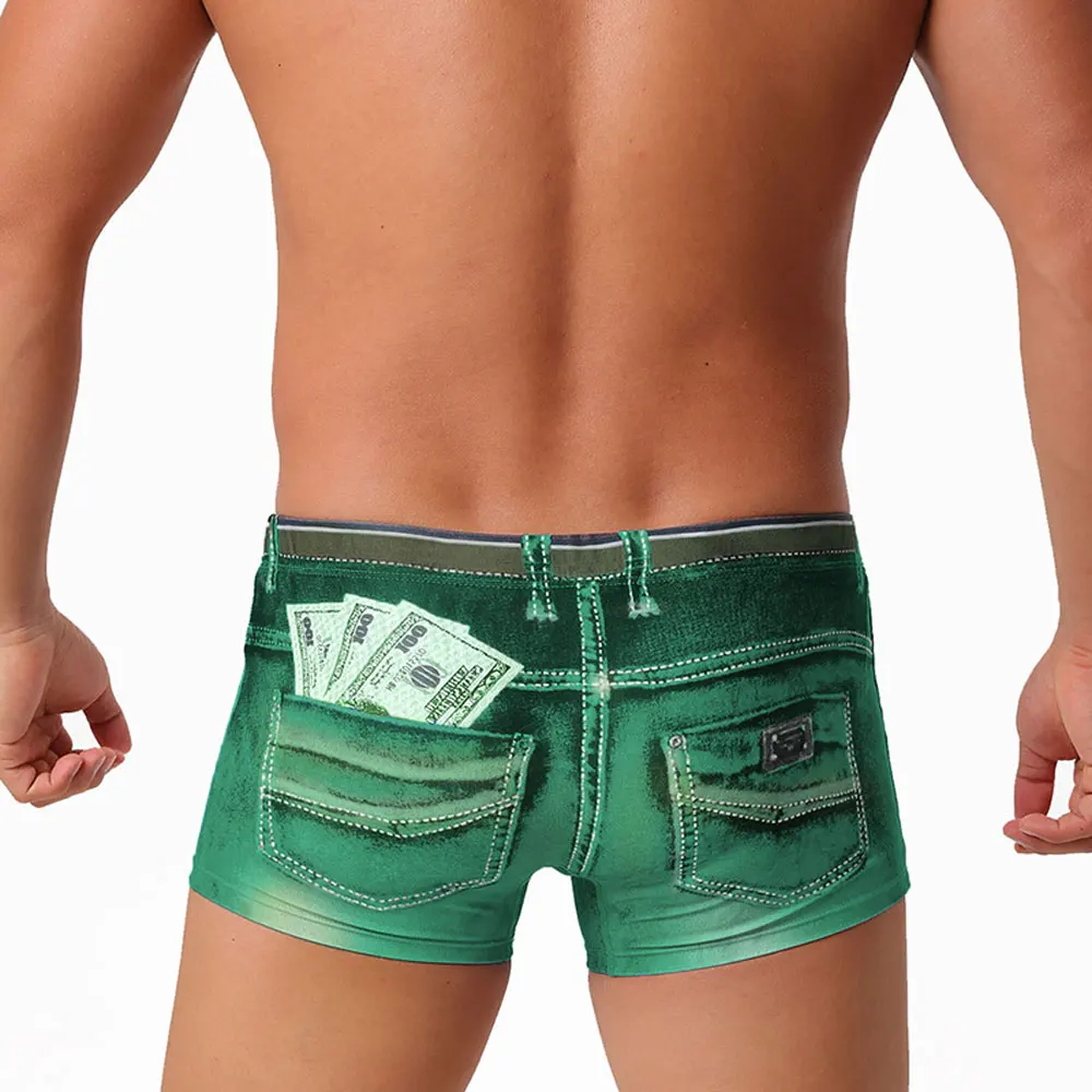 Mens Boxer Swim Trunks Imitation Denim Print Novelty Design 3D Contour Pouch Quick Dry Elastic Waist Sexy Swimwear For Beach Poo