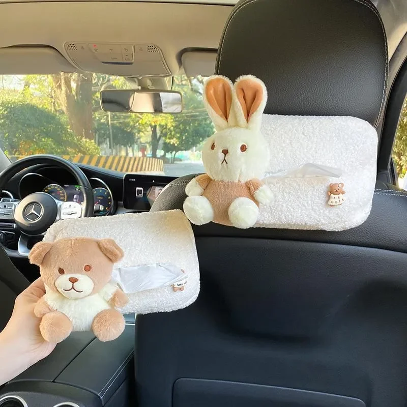 

Cute Cartoon Plush Bear Rabbit Car Tissue Box Headrest Paper Tower Holder Auto Visor Hanging Organizer Styling Car Accessories