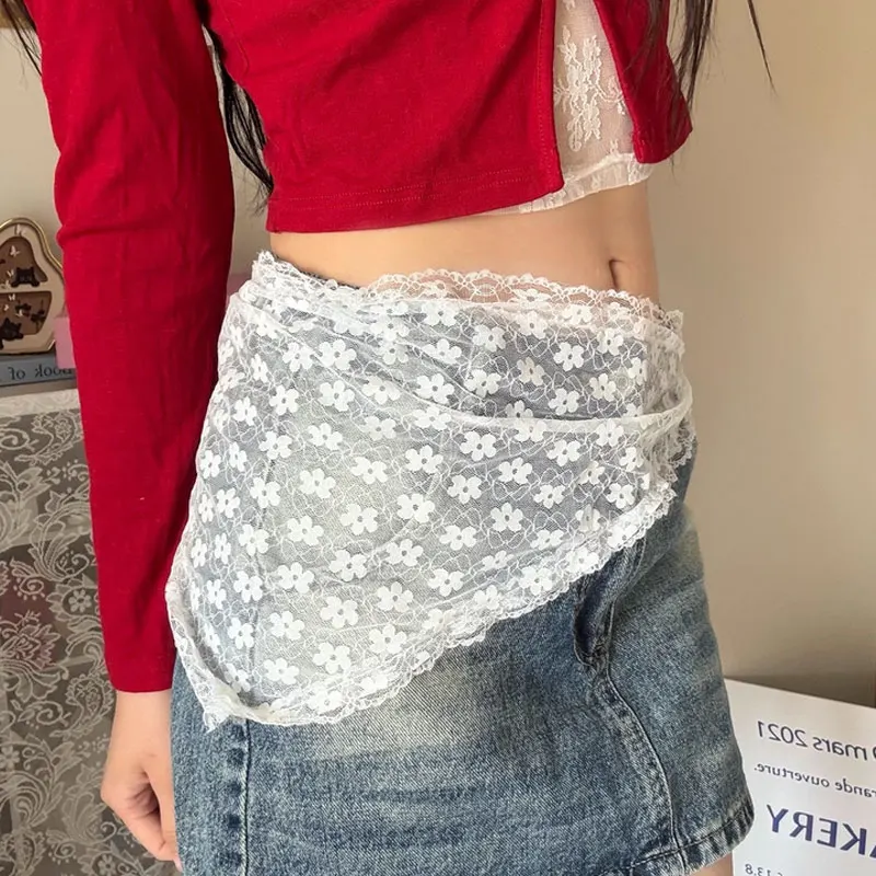 Korean Ins White Lace Triangular Scarf Headscarf Women Layering High-end Waist Scarf Dress Belt Accessories