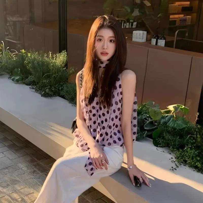 Damska Odzież Letnia Moda Koreańska Kropka Jednolity Kolor Dekolt V Damska Uniwersalna Modna Wyszczuplająca Bez Rękawów Top na Ramiączkach