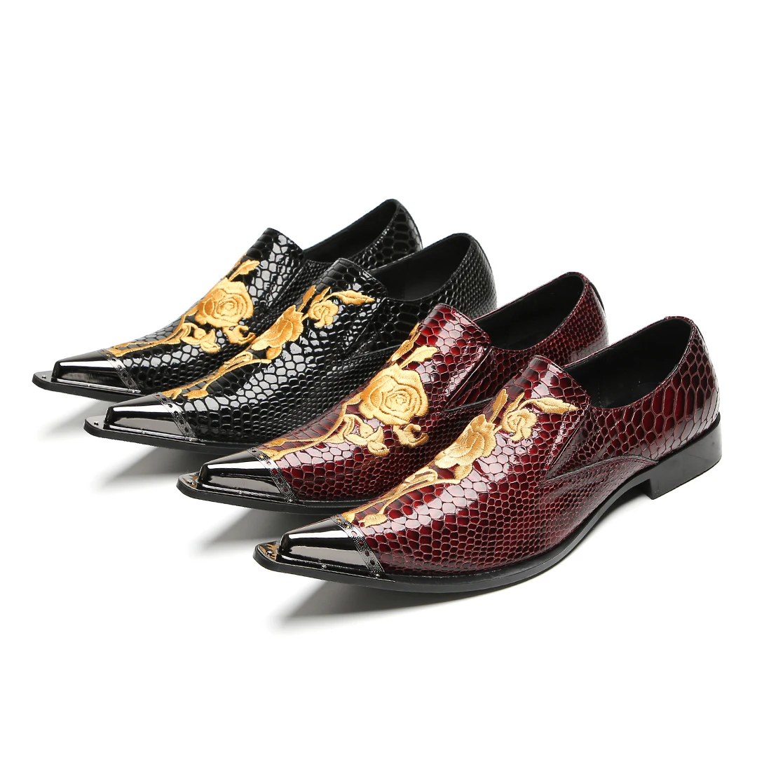 Schwarze Herren-Kleiderschuhe aus Leder mit goldener Blumenstickerei | Schlange – Hautstruktur und spitzes Zehen-Design – Detail 3