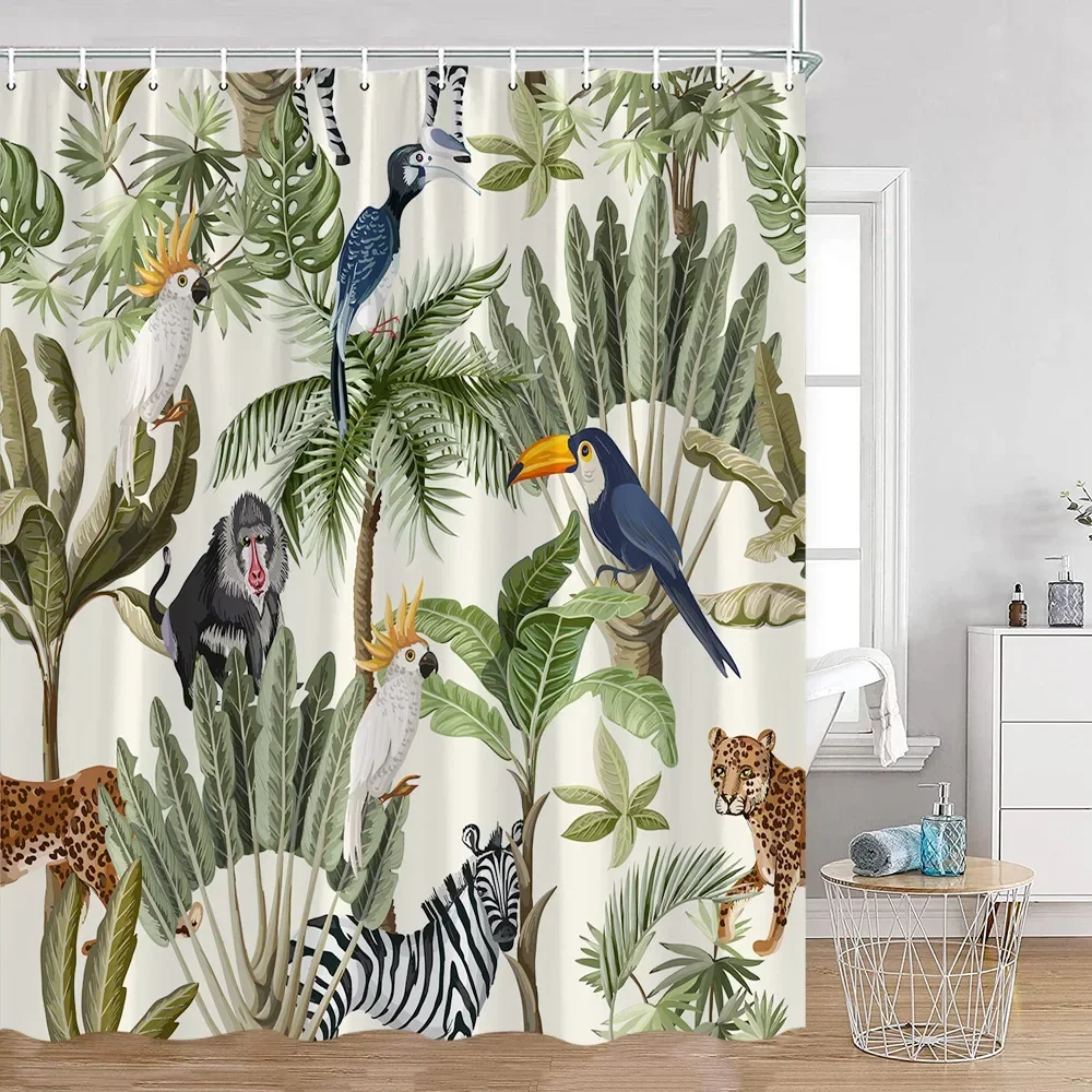 Tropical Animal Shower Curtain Leopard Wild Animal Flamingo Parrot Zebra Green Plant Palm Leaf Bathroom Curtain Decoration