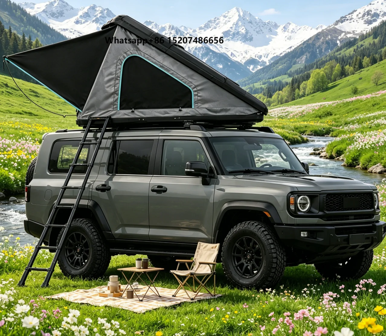 Medium 3000mm Waterproof 280g Poly Cotton Canvas Triangular ABS Hard Shell Rooftop Offroad Camping Tent for SUV Vehicles